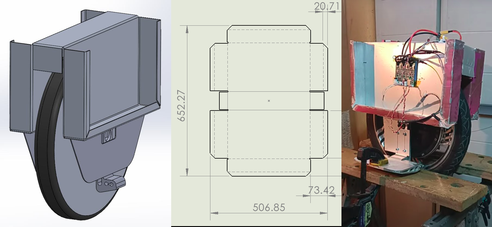Build progression — the CAD design, the laser-cut flat pattern, and the running prototype on the bench