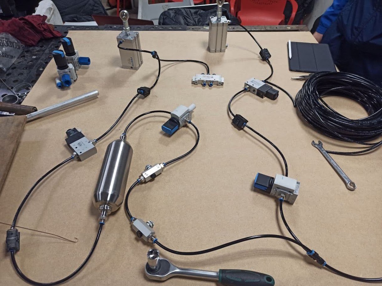FESTO pneumatic brake actuators, valves and reservoir on the bench