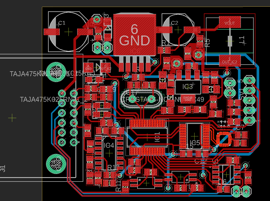 PCB layout for the board — top copper, bottom copper, and vias
