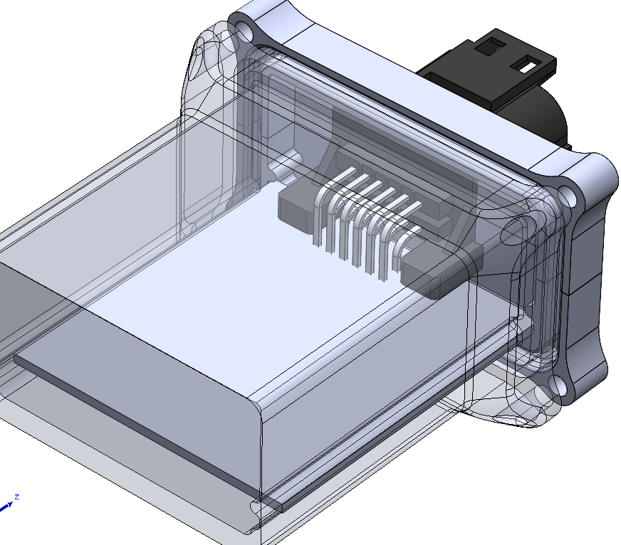 CAD of the wheel-sensorization module — PCB and connector inside the spindle-mounted enclosure